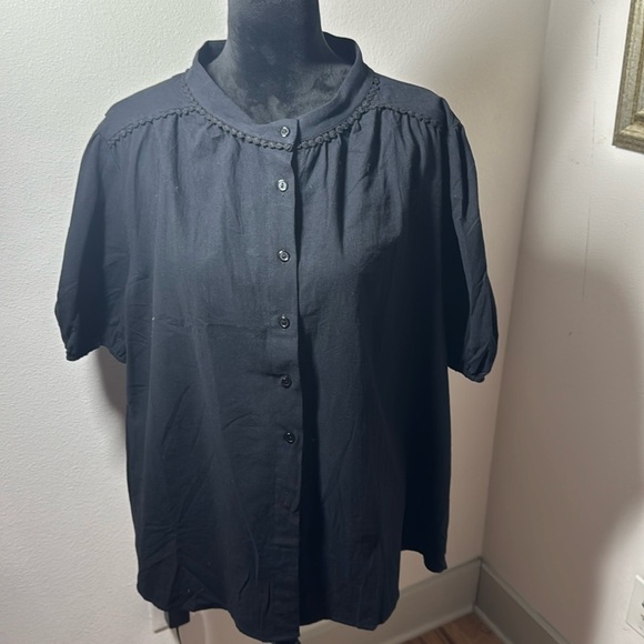 Pretty Garden black cotton buttoned down lantern short sleeves top Sz XXL new - Picture 3 of 9